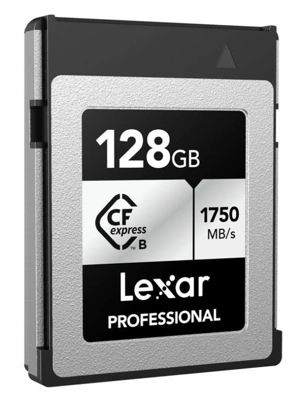 Lexar CFexpress Pro Silver Serie R1750/W1300 128GB -muistikortti tarjoaa 128GB kapasiteettia, jopa 1750 MB/s lukunopeuden ja tyylikkään hopean ja mustan muotoilun.