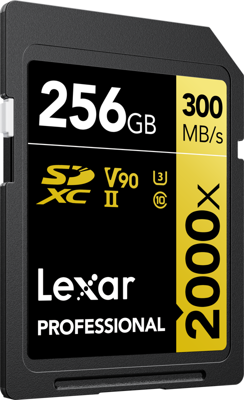 The Lexar Pro 2000X SDHC/SDXC UHS-II U3 (V90) memory card has a capacity of 256 GB, a read speed of 300 MB/s and a write speed of 260 MB/s. A yellow label on the right side of the card reads "2000x".