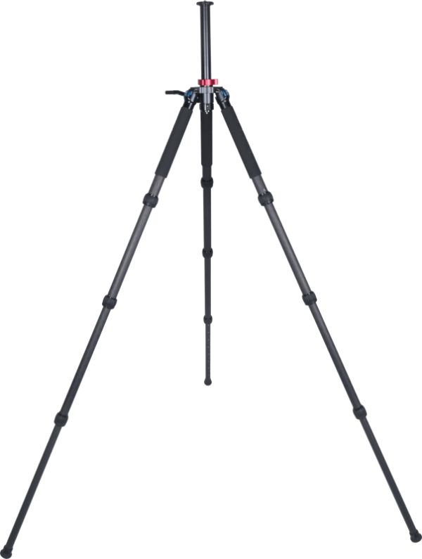 Sirui R-4214E carbon fibre tripod is a black carbon fibre tripod with three extended legs and an adjustable centre column, shown in white.