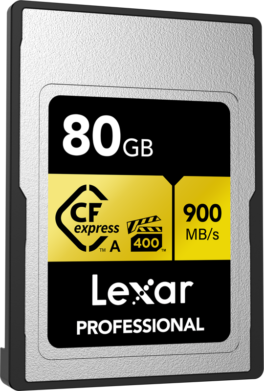 800q-03_120865 The Lexar CFexpress Pro Gold R900/W800 - VPG400 Type-A 80GB memory card is shown in close-up with a silver, black and yellow label and offers fast performance at up to 900 MB/s read and 800 MB/s write.