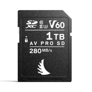 Musta ANGELBIRD 1TB AV Pro Mk 2 V60 UHS-II SDXC-muistikortti, jossa on nopeus- ja kapasiteettikuvakkeet valkoisella pohjalla.