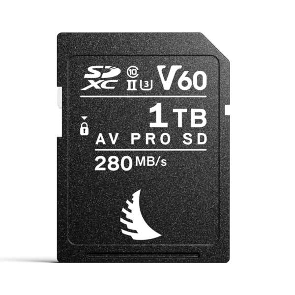 Musta ANGELBIRD 1TB AV Pro Mk 2 V60 UHS-II SDXC-muistikortti, jossa on nopeus- ja kapasiteettikuvakkeet valkoisella pohjalla.