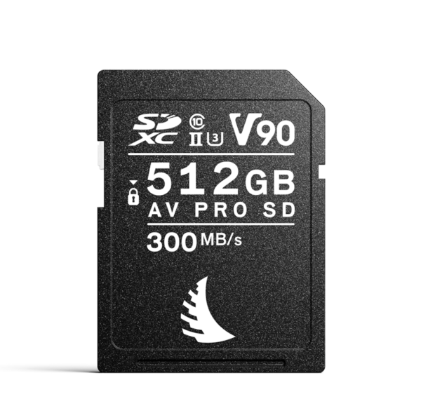 ANGELBIRD 512GB AV Pro Mk 2 V90 UHS-II SDXC is a black SD card with a speed of 300 MB/s, V90 classification and with various white symbols and text on the front.