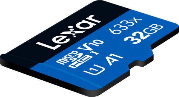 Sininen Lexar 633X microSDHC/SDXC (V30) R100 32GB -muistikortti, jonka etupuolella on V30- ja UHS-I-nopeusluokkasymbolit.