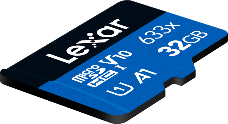 Sininen Lexar 633X microSDHC/SDXC (V30) R100 32GB -muistikortti, jonka etupuolella on V30- ja UHS-I-nopeusluokkasymbolit.