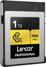 The Lexar CFexpress Pro Gold R1900/W1500 1TB memory card is silver and black with yellow accents and offers a read speed of up to 1900 MB/s.