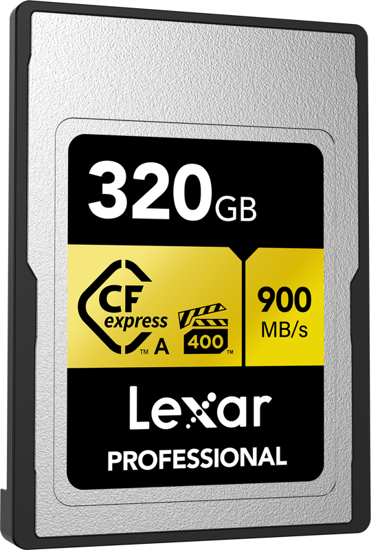Lexar CFexpress Pro Gold Type-A 320 Gt:n muistikortti (R900/W800, VPG400), jossa on hopea-musta muotoilu ja keltaiset korostukset.