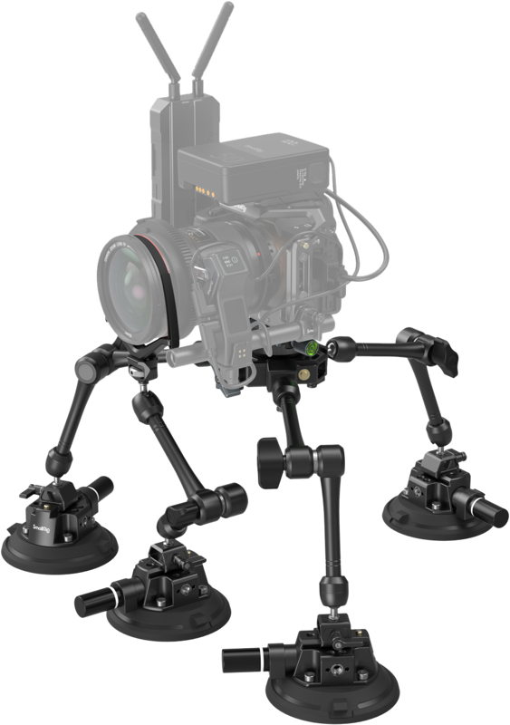 The SmallRig 3565 All-in-One 4-arm suction cup camera mount kit (SC-15K) provides professional cameras with a stable, four-legged support system that securely attaches to smooth surfaces for vehicle photography.