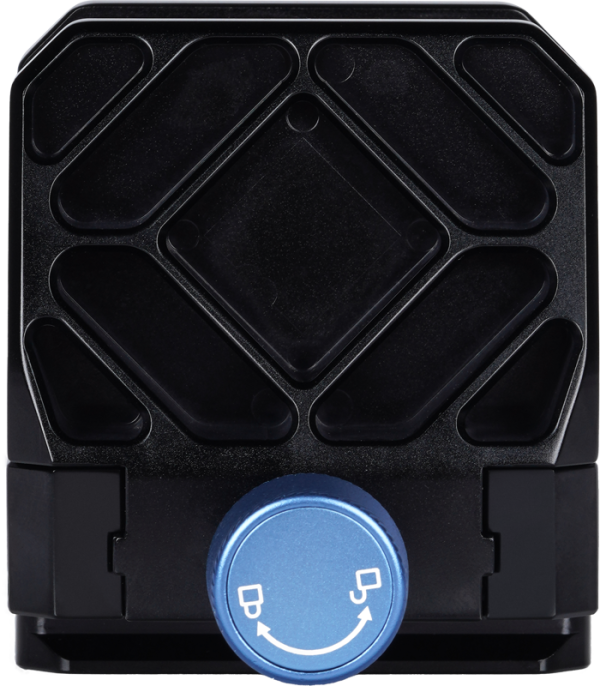 Close-up of the Sirui Universal Gun-Clamp GC-1, a black, square-shaped device with a textured pattern and a large blue knob with white directional arrows and cup icons at the bottom center.