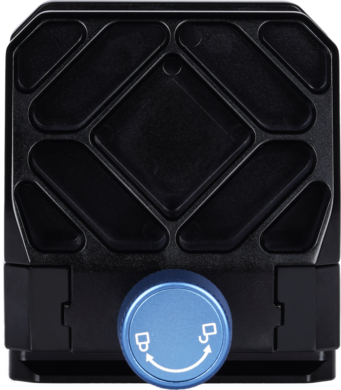 Close-up of the Sirui Universal Gun-Clamp GC-1, a black, square-shaped device with a textured pattern and a large blue knob with white directional arrows and cup icons at the bottom center.