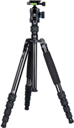 Sirui Traveler Tripod Kit T-1005+E-10 on musta, säädettävä kolmijalkainen jalusta, jossa on pehmustetut jalat, kierrelukitus, kolmijalkainen tuki, asennettu kuulapää ja sisäänrakennettu kuplavaa'an taso.