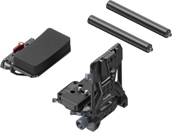 SmallRig 4063 V-Mount Battery Mount Plate Kit (Advanced) sisältää pehmustetun olkatyynyn, kaksi metallitankoa ja säädettävän mustan pohjalevyn kamerarigille.