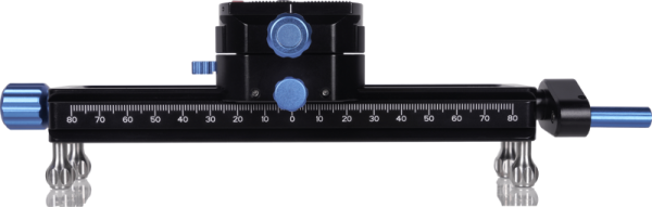 Close-up of the Sirui Macro Focusing Rail MS18, a black and blue slide rail with -80 - 80 scale markings, mounted on small silver tripod mounts designed for precise camera positioning in photography.