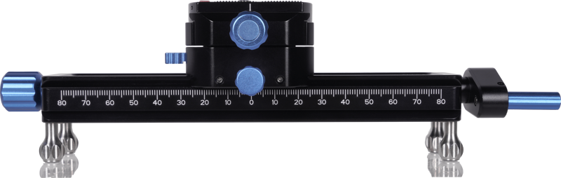 Close-up of the Sirui Macro Focusing Rail MS18, a black and blue slide rail with -80 - 80 scale markings, mounted on small silver tripod mounts designed for precise camera positioning in photography.