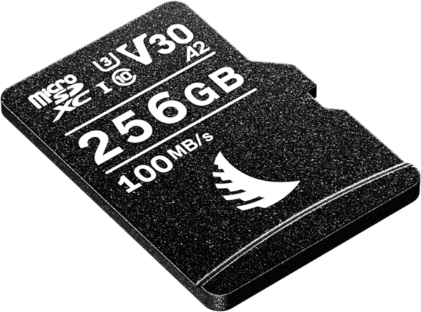 800q-03_123932 ANGELBIRD microSD AV PRO (V30) 256GB on microSDXC-kortti, jossa on merkintä V30, A2, 100 MB/s ja jossa on musta pinta valkoisella tekstillä.