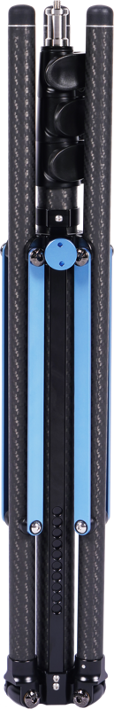 The Sirui Light Stand DK-18 Carbon Fiber Air-Cushioned is pictured folded upright with the carbon fiber legs closed together. Blue accents, centre column and locking mechanisms are visible.