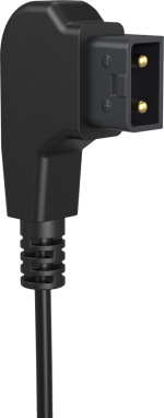 Lähikuva SmallRig 4252 D-Tap to LP-E6NH Dummy Battery Power Cable -virtakaapelista, jossa on musta suorakulmainen liitin, jossa on kaksi paljastunutta kultaista nastaa, pystysuorassa vaaleaa taustaa vasten.