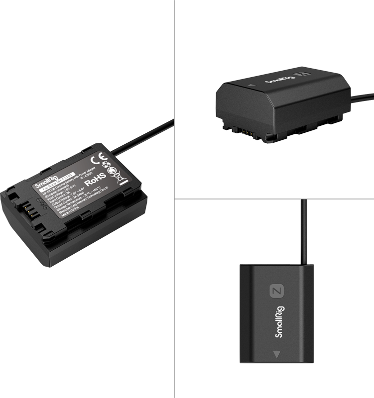 800q-03_124828 Kollaasi näyttää kolme näkymää SmallRig 4269 Dummy Battery with Power Adapter (EU) NP-FZ100:sta, suorakulmaisesta mustasta sovittimesta, jossa on kaapeli, ja siinä on tuotetiedot, liitäntäkohdat ja SmallRig-logo.