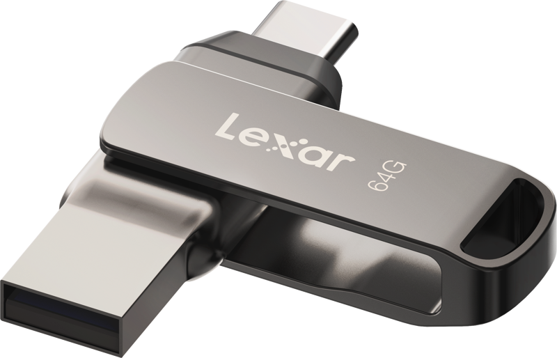 The Lexar Jumpdrive Dual Drive D400 64GB USB flash drive with both C and A type connectors is visible against a plain background.