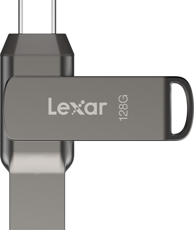 Close-up of the Lexar Jumpdrive Dual Drive D400 Type-C / Type-C & Type-A 128GB USB flash drive with Lexar logo and storage capacity on the flip cover.