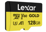 Lexar microSDXC GOLD UHS-II/C10/A1/U3 R280/W100 (V60) 128 Gt:n muistikortissa on keltainen ja musta muotoilu, ja se tarjoaa nopeaa ja luotettavaa tallennusta.