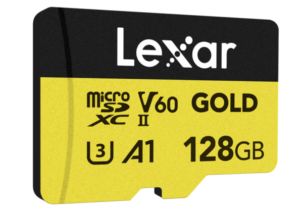 Lexar microSDXC GOLD UHS-II/C10/A1/U3 R280/W100 (V60) 128 Gt:n muistikortissa on keltainen ja musta muotoilu, ja se tarjoaa nopeaa ja luotettavaa tallennusta.
