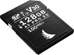 Musta ANGELBIRD SD AV PRO SDXC UHS-I R100/W92 (V30) 128 Gt:n muistikortti, jonka etupuolella on valkoista tekstiä ja symboleja, jotka kuvaavat tallennuskapasiteettia ja nopeutta.