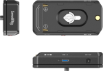 SmallRig 4341 NP-F-akkusovittimen kiinnityslevysarja ja NP-FZ100-akun virtakaapeli on kompakti musta kameran lisävaruste, jossa on USB-C-portti, 7,4 voltin DC-portti, kiinnityspaikka ja akun napaisuuden symbolit kolmesta eri kulmasta kuvattuna.