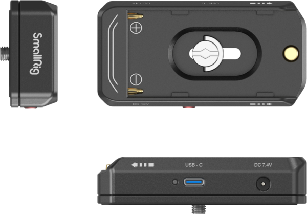 SmallRig 4341 NP-F-akkusovittimen kiinnityslevysarja ja NP-FZ100-akun virtakaapeli on kompakti musta kameran lisävaruste, jossa on USB-C-portti, 7,4 voltin DC-portti, kiinnityspaikka ja akun napaisuuden symbolit kolmesta eri kulmasta kuvattuna.