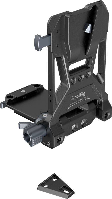 SmallRig 4505 V Mount -akkukiinnityslevy on musta metallilevy, jossa on säätönupit ja kiinnityspisteet, ja se on kuvassa pystyasennossa, kun sen alla on irrotettava kiinnike.
