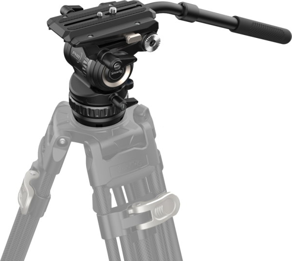 Close-up of the SmallRig 4287 Professional Video Head PH8 with panoramic handle, mounted on a partially visible stand against a white background.