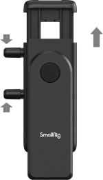 SmallRig 4369 Smartphone Vlog Tripod Kit VK-50 Advanced Version on musta kameran lisävaruste, jossa on painike, kaksi sivunuppia ja nuolet ylhäällä ja vasemmalla, jotka osoittavat säädettävät tai pidennettävät osat.