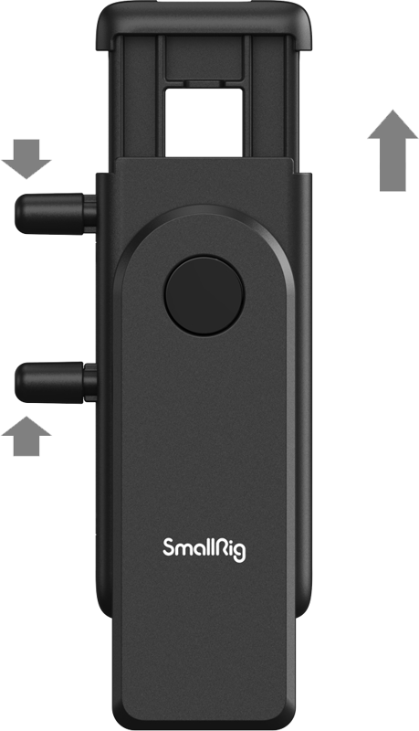 SmallRig 4369 Smartphone Vlog Tripod Kit VK-50 Advanced Version on musta kameran lisävaruste, jossa on painike, kaksi sivunuppia ja nuolet ylhäällä ja vasemmalla, jotka osoittavat säädettävät tai pidennettävät osat.