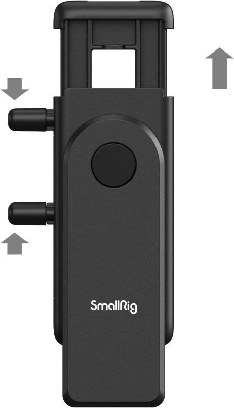Mustassa SmallRig 4364 Smartphone Vlog Tripod Kit VK-20 Advanced Version -jalustapaketissa on keskipainike, kaksi sivunuppia ja liukuva yläosa, jonka säädettävät tai pidennettävät osat on merkitty nuolilla.