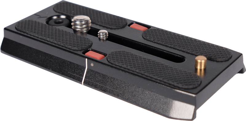 The Sirui Quick Release Plate VP-SH15 is a black metal plate with textured rubber grips, several screws and two red buttons designed to make it easy to attach your camera to tripods.