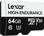 Lexar microSDXC High-Endurance UHS-I/U3/10 R100/W35 (V30) 64GB -muistikortti, näytetään mustavalkoisena.