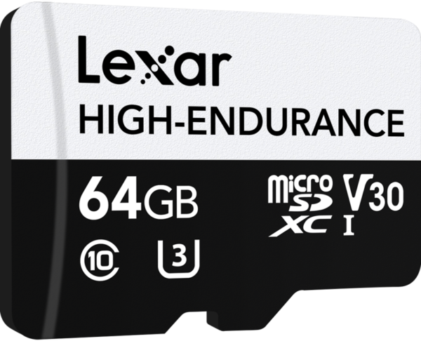Lexar microSDXC High-Endurance UHS-I/U3/10 R100/W35 (V30) 64GB -muistikortti, näytetään mustavalkoisena.