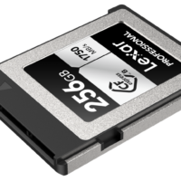Lexar CFexpress Pro Silver Serie R1750/W1300 256GB -muistikortti, jonka kapasiteetti on 256 Gt ja lukunopeus 1750 MB/s, näkyy vinossa vaalealla taustalla.
