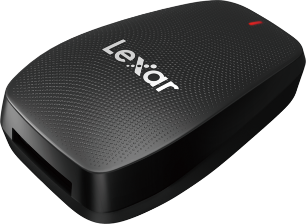 800q-04_116972 Musta Lexar LRW550U CFexpress Type B USB 3.2 -kortinlukija, jossa on kuvioitu pinta, valkoinen Lexar-brändi, pieni punainen merkkivalo ja näkyvä portti sivulla.