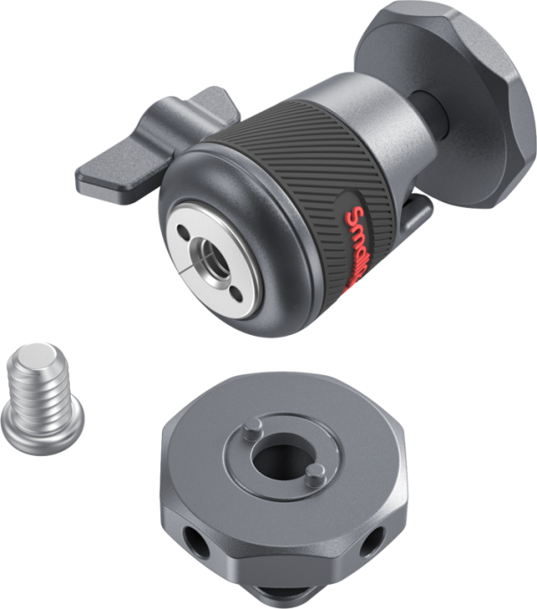 SmallRig 2948 Mini Ball Head with Removable Cold Shoe Mount (2kpl) -kuulapäässä on metallinen rakenne, kuvioitu musta kahva, siivekäs nuppi, ruuvi ja kuusikulmainen pohja, kaikki vaalealla pohjalla, jossa punainen SmallRig-logo näkyy.