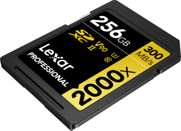 The Lexar Pro 2000X SDHC/SDXC UHS-II U3 (V90) R300/W260 256GB memory card is shown with a white background.