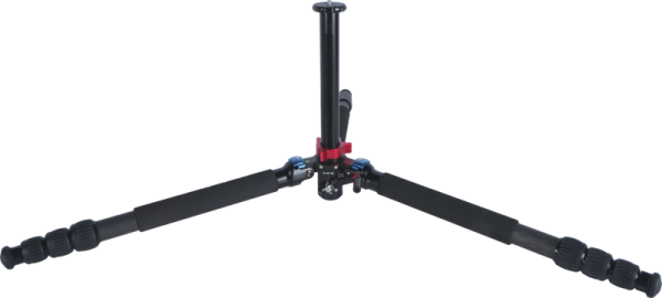 The Sirui R-4214E carbon fibre tripod is a black camera tripod with three extendable legs that are wide and flat, and features a red central locking mechanism against a white background.