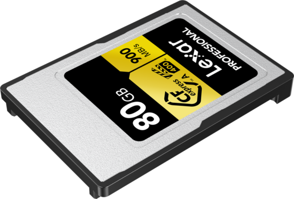 800q-04_120865 The Lexar CFexpress Pro Gold R900/W800 VPG400 Type-A 80GB memory card offers 900 MB/s read and 800 MB/s write speeds, and features a white and yellow label in black and white.
