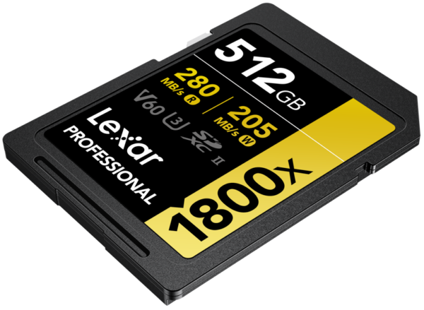800q-04_120867 Lexar Pro 1800x SDXC U3 (V60) UHS-II R280/W210 512GB -muistikortti tarjoaa 512 Gt tallennustilaa, jopa 280 MB/s lukunopeutta ja 210 MB/s kirjoitusnopeutta, ja siinä on merkintä V60, U3, SDXC II, jossa on keltaisella lihavoitu teksti "1800x".