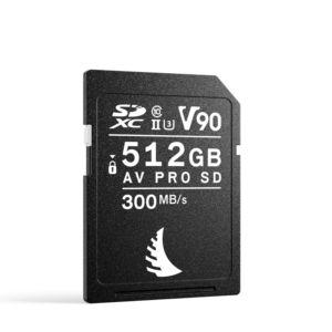 ANGELBIRD 512GB AV Pro Mk 2 V90 UHS-II SDXC memory card with V90, SDXC, SDXC, UHS-II, U3 and 300 MB/s and white logo and text on the front, displayed on a plain white background.