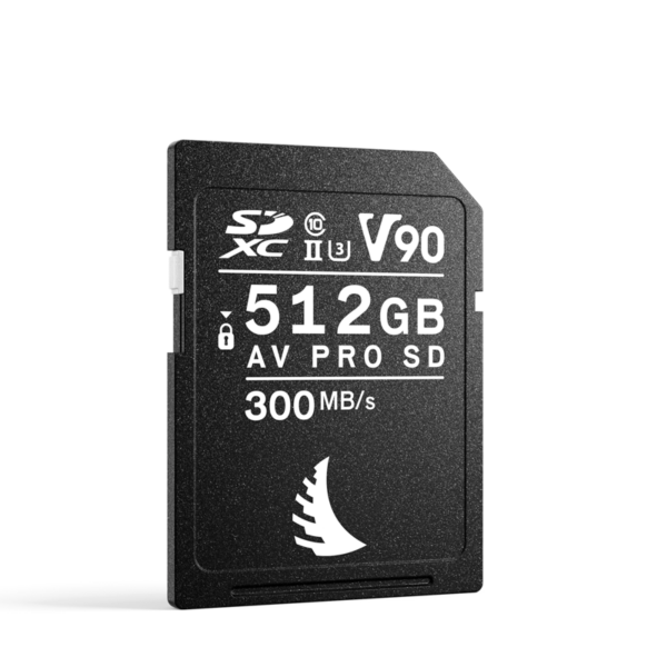 ANGELBIRD 512GB AV Pro Mk 2 V90 UHS-II SDXC memory card with V90, SDXC, SDXC, UHS-II, U3 and 300 MB/s and white logo and text on the front, displayed on a plain white background.