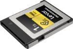 Close-up of the Lexar CFexpress Pro Gold R1900/W1500 1TB memory card, showing its black, silver and yellow design and fast 1900 MB/s read and 1500 MB/s write performance.