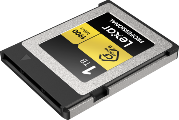 Close-up of the Lexar CFexpress Pro Gold R1900/W1500 1TB memory card, showing its black, silver and yellow design and fast 1900 MB/s read and 1500 MB/s write performance.