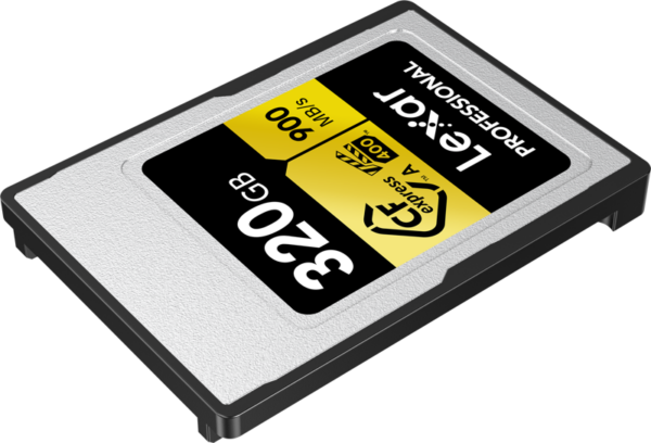 Lexar CFexpress Pro Gold R900/W800 VPG400 Type-A 320GB -muistikortti tarjoaa 320 GB:n kapasiteetin ja jopa 900 MB/s lukunopeuden, ja siinä on musta, keltainen ja valkoinen tarra.