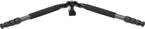 The Sirui AR-3204 carbon fibre tripod is a black tripod with foam gripped legs that spread wide and flat for low angle shooting. The legs have several threaded locking components for height adjustment.